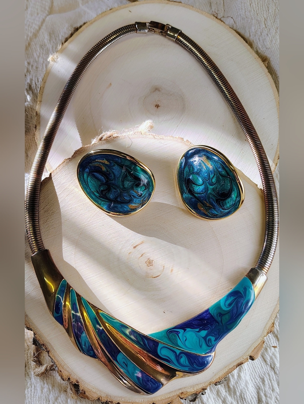Vintage Mid Century Style Blue Teal Swirl Enamel Collar Cobra Chain Jewelry Set